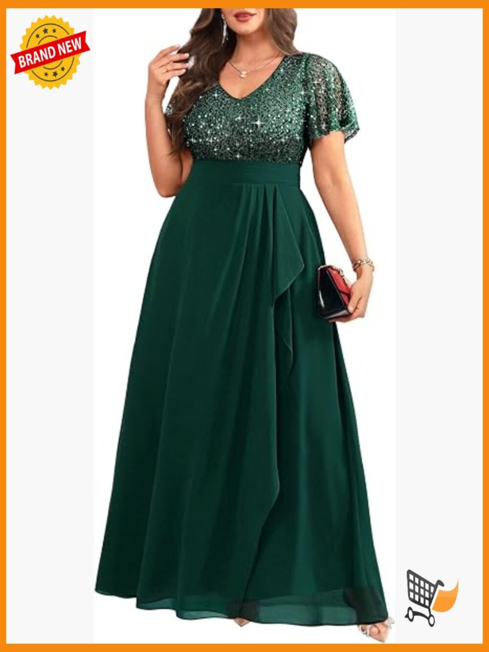 Plus Size Sequin Chiffon Formal Long Dress V-Neck Short Sleeve Wedding Guest
